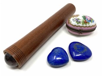 Vintage Kaleidoscope, Egg-shaped Trinket Box, And Two Blue Stone Decorations