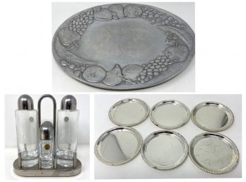 Alessi Italy Stainless Steel And Crystal Condiment Set, Vintage Pewter Serving Tray, And 6 Vintage Plates