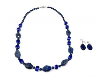 Sterling Silver Drop Earrings With Blue Beaded Necklace