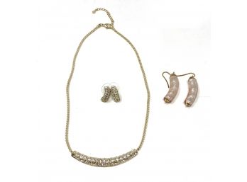 Rhinestone And Gold Tone Necklace With Two Pairs Of Earrings