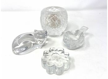 Val St. Lambert Crystal Cat, Rosenthal Bird, Flower, And Votive Candle Holder