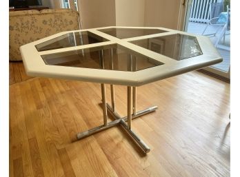 Vintage Glass And Wood Octagonal Table With Metal Pedestal Base