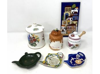 Art Pottery Italian Dish And Slovenia Honey Jar, With Other Assorted Serving Pieces