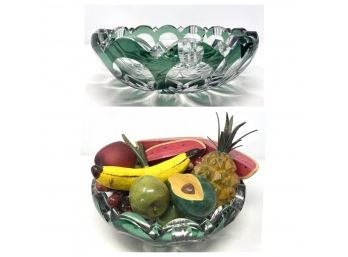 Signed 12 Inch Cut Glass Bowl Plus Wooden Fruit