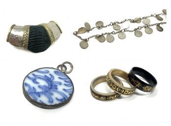 Jewelry Group - Argentine Scarf Ring, 3 Damascened Rings, Indian Necklace, & Chinese Porcelain Pendant