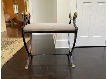 Upholstered Velvet Bench With Distressed Metal Bench And Gold Brass Embellishments