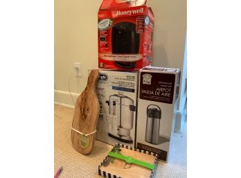 Assorted Household Items - New Cheeseboard, Airpot Carafe, DeLonghi Coffee Urn, Honeywell Heater