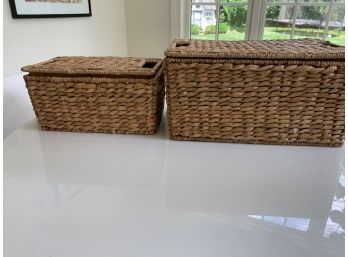 4 Brown Wicker Baskets With Removable Lids