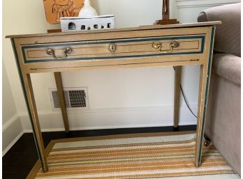 Vintage Distressed Wood Side Table With Blue Paint Detail