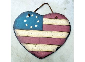 Red White And Blue (flag Motif) Slate Wall Plaque 10' With Leather Hanging Strap