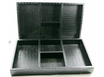 Pair (2) Black Leather Look Wooden Valet Organizer Trays - Stackable 4 Compartment Storage NEW