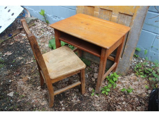Antique Wooden Child's School Desk & Chair Set