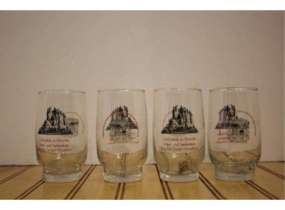 Four Vintage Clear W/Black & Red Embossed German Shot Glasses