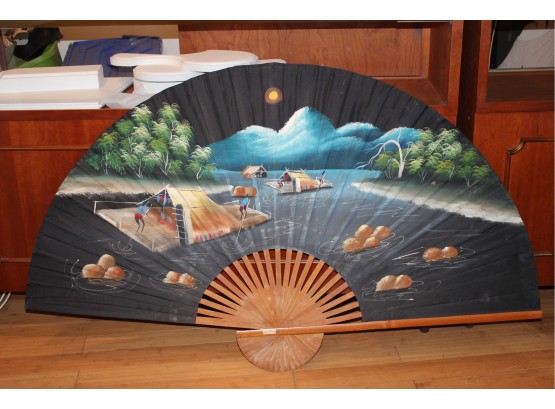 Vintage Large Painted Fabric & Bamboo Oriental Decorative Fan