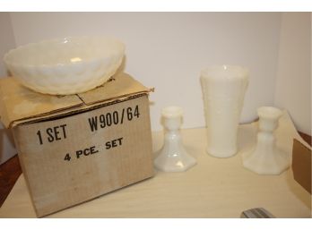 Vintage Anchor Hocking Four Piece White Milk Glass Set With Original Box