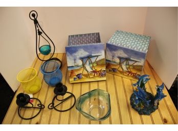 Mixed Lot Beachy & Decorative Items, Boxes Candle Holders Dish