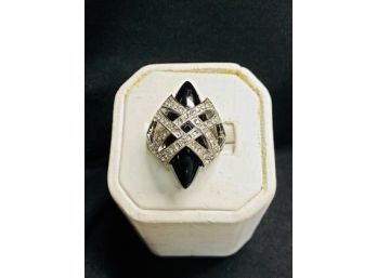 Guess Sterling Silver Onyx And Cubic Zirconia Criss Cross Ring