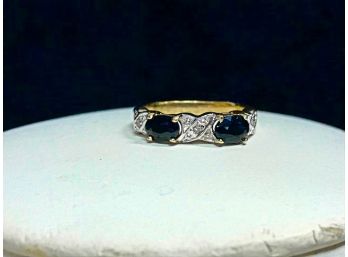 Gold Plated Sterling Silver 925 Blue Sapphire Ring With Diamond Accents