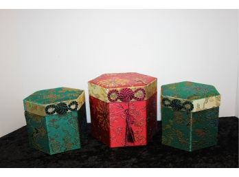Three Fabric Covered Decorative Boxes