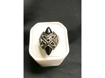 Guess Sterling Silver Onyx And Marcasite Criss Cross Ring