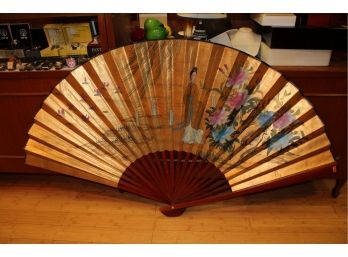 Vintage Large Chinese Oriental Gold Painted Wall Fan Decoration