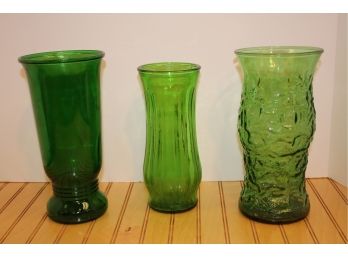 Three Vintage Green Glass Flower Vases