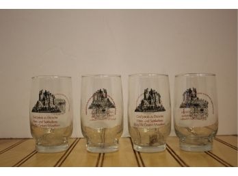 Four Vintage Clear W/Black & Red Embossed German Shot Glasses