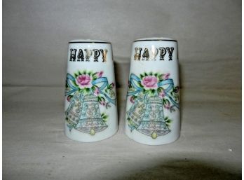 Vintage Pair LEFTON White Porcelain Happy Anniversary Salt & Pepper Shakers