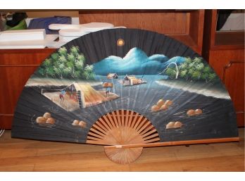 Vintage Large Painted Fabric & Bamboo Oriental Decorative Fan