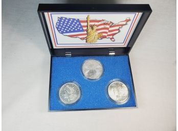 Super 3 Peace Silver Dollar 1923 Peace Dollar ,1921 Morgan Dollar & 2001 Silver Eagle  All UNC In Display Case