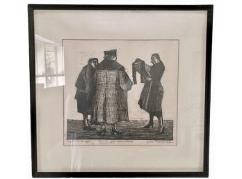 Signed 1957 Wood Cut Print 'Sales Lady With Customers' 20' X 19'