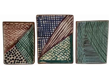 A Trio Of Vintage Signed Rectangular Trays  Studio Pottery (W)