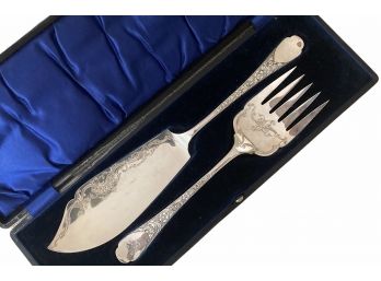 Antique Silver Plate Fish Knife And Fork In Leather Box