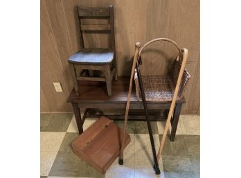 Mixed Lot:  Antique Child Chair, Piano Bench, Canes, Basket And Wood Box