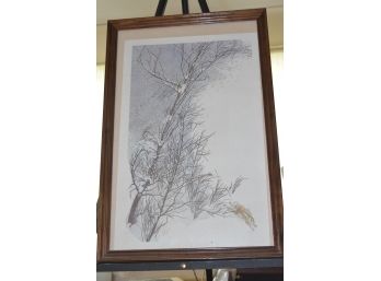 Signed Delfino Snowy Winter Scene With Rabbit 14.5'x21.5' Framed Glass