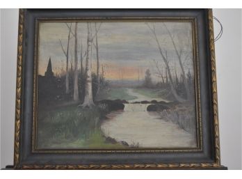 River Scene Painting  On Canvas Framed Signed A.F.C   19.5'x16.5'