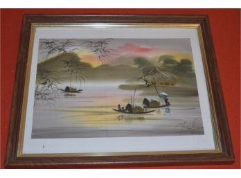 Signed Watercolor On Fabric Vietnamese 15.5'x12.5' Framed Glass