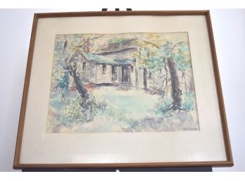 Signed By Ed Fischer House In The Woods Watercolor Matted Framed Glass 26'x22'