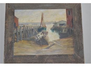 Dock Side Oil On Canvas Signed Lillian Lewis 25'x21' Wood Frame