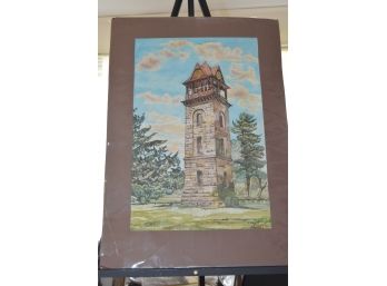 Signed Lyons 70 Water Color On Paper Clock Tower With Pine Trees 17'x24' Matted Wrapped Plastic