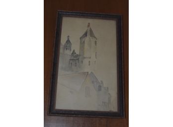 Signed HL Miller Castle Tower Water Color? 8.5'x13' Framed Glass