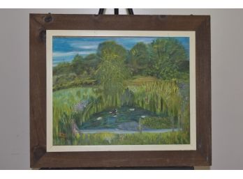 Signed Elaine Forrest 1974 Ducks On Pond Oil On Board 26'x22' Rustic Wooden Frame