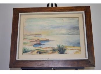 Large Waterfront Watercolor On Paper 30'x23.5' Wood Frame