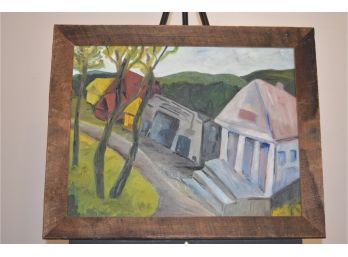 Signed S. Grendon Ellsworth Sharon, Conn 'village Street' Painting On Canvas 27'x21' Barn Wood Frame