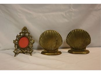 Brass Shell Book Ends And Frame