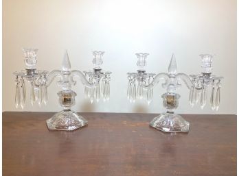 Set Of 2 Vintage Double Arm Crystal Glass Candelabra Prisms Candle Holders