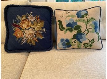 Pair Of Blue Needlepoint Pillows