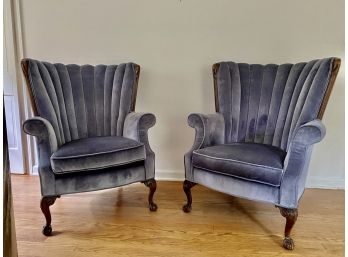 Pair Of Vintage Velvet Channel Back Wing Chair