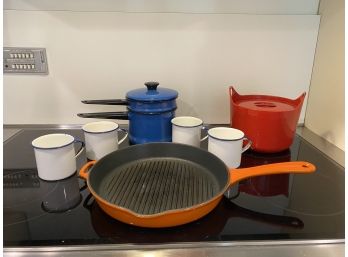 Set Of Enamel Pots - Including Vintage Red Cast Iron Enamel Casserole