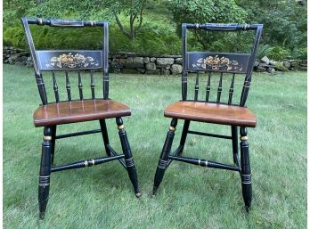 Pair Of S Brent & Bros Black Decorated Chairs